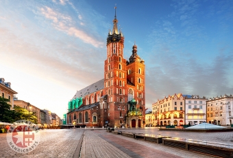 Old City Center with Adam Mickiewicz Monument and Saint Mary's Basilica, Krakow